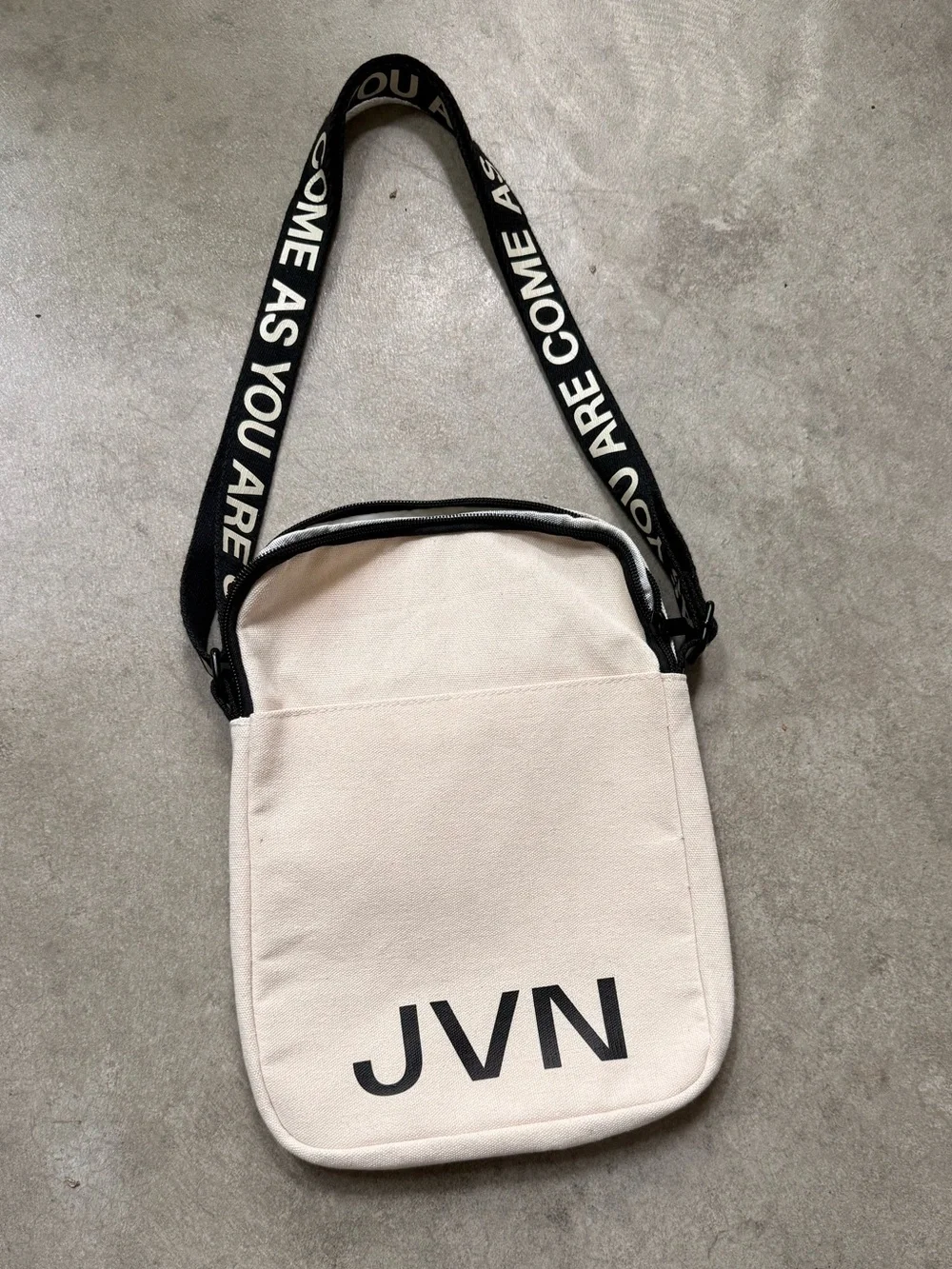 JVN  Cream Canvas Messenger Bag with Black Branded Strap